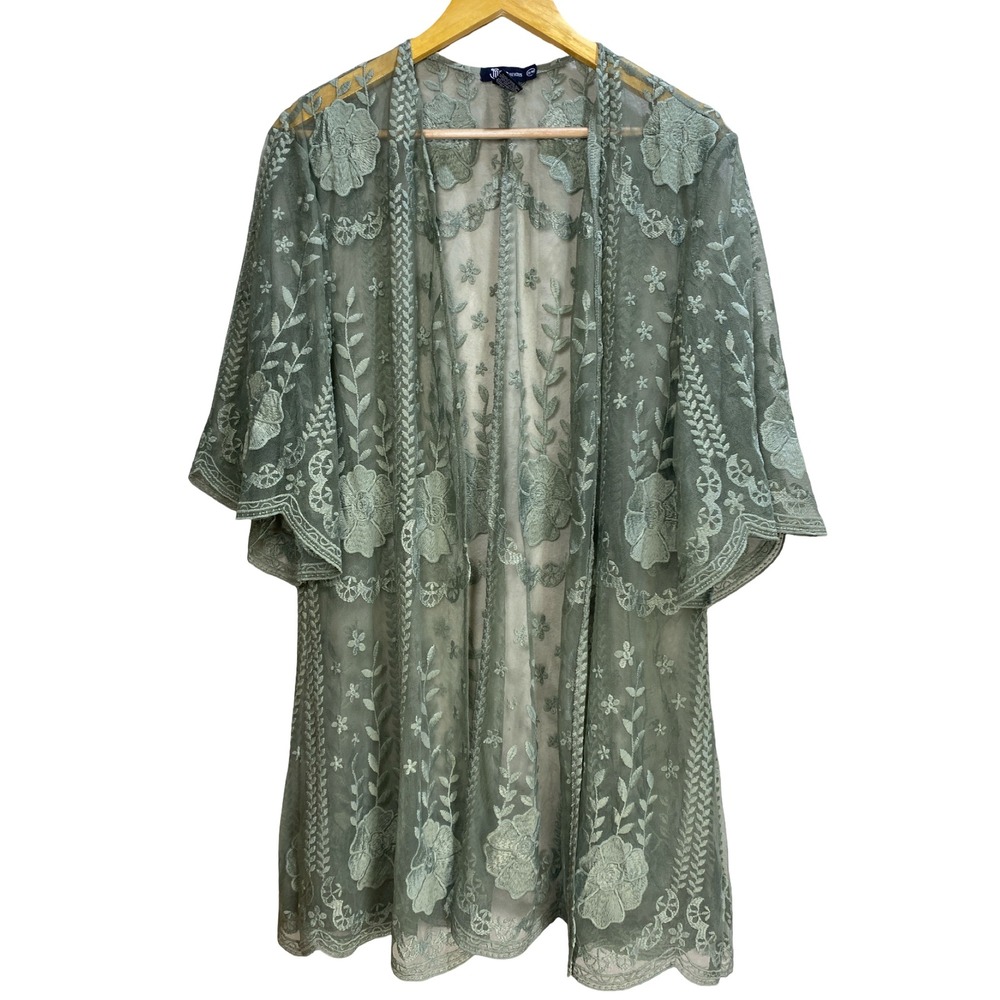 Miss Chievous Sage Green Floral Embroidered Kimono Cardigan S/M  cottage boho